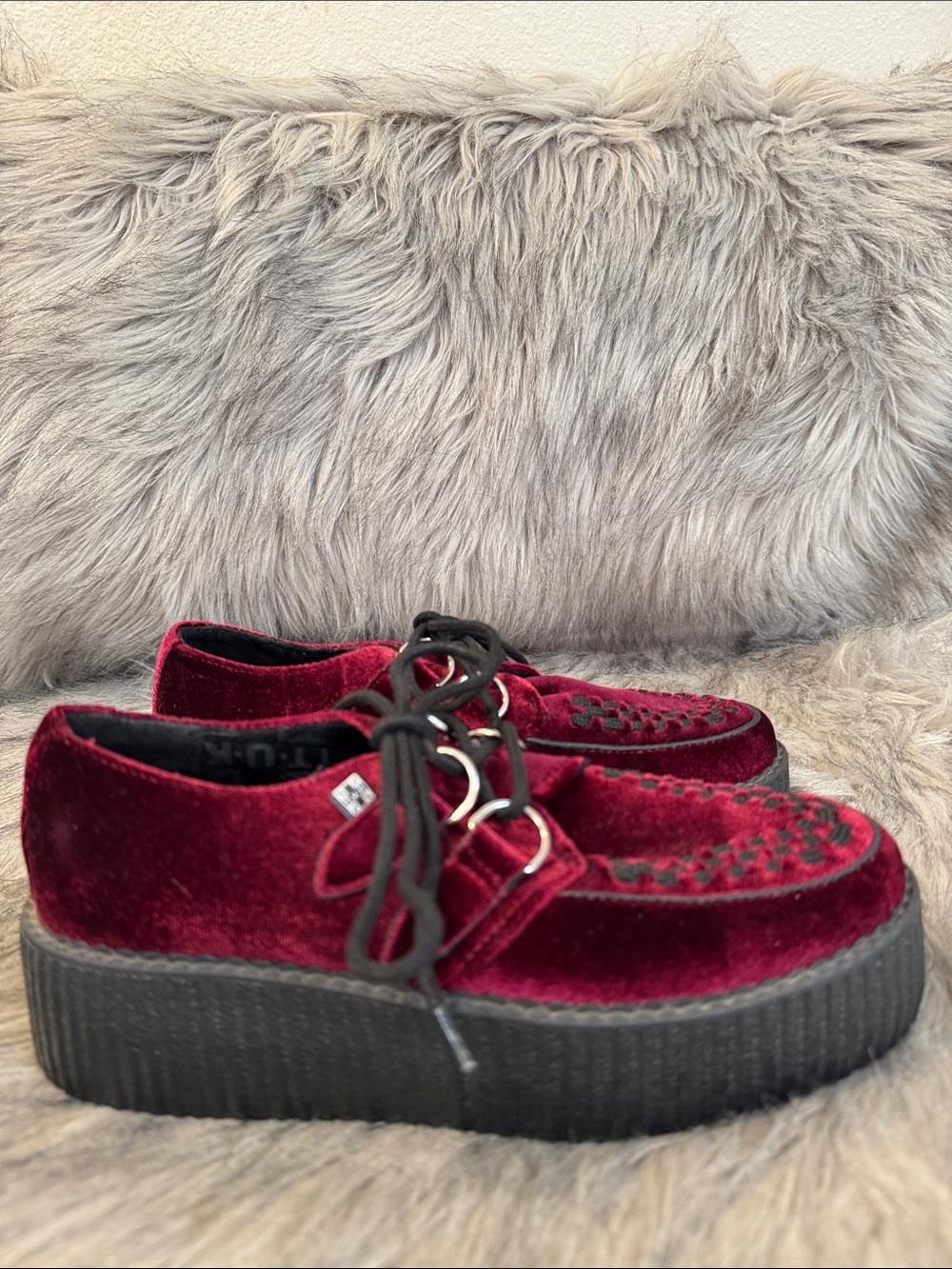 T.U.K Burgundy Velvet Platform Creepers with Black Sole Size 7 W